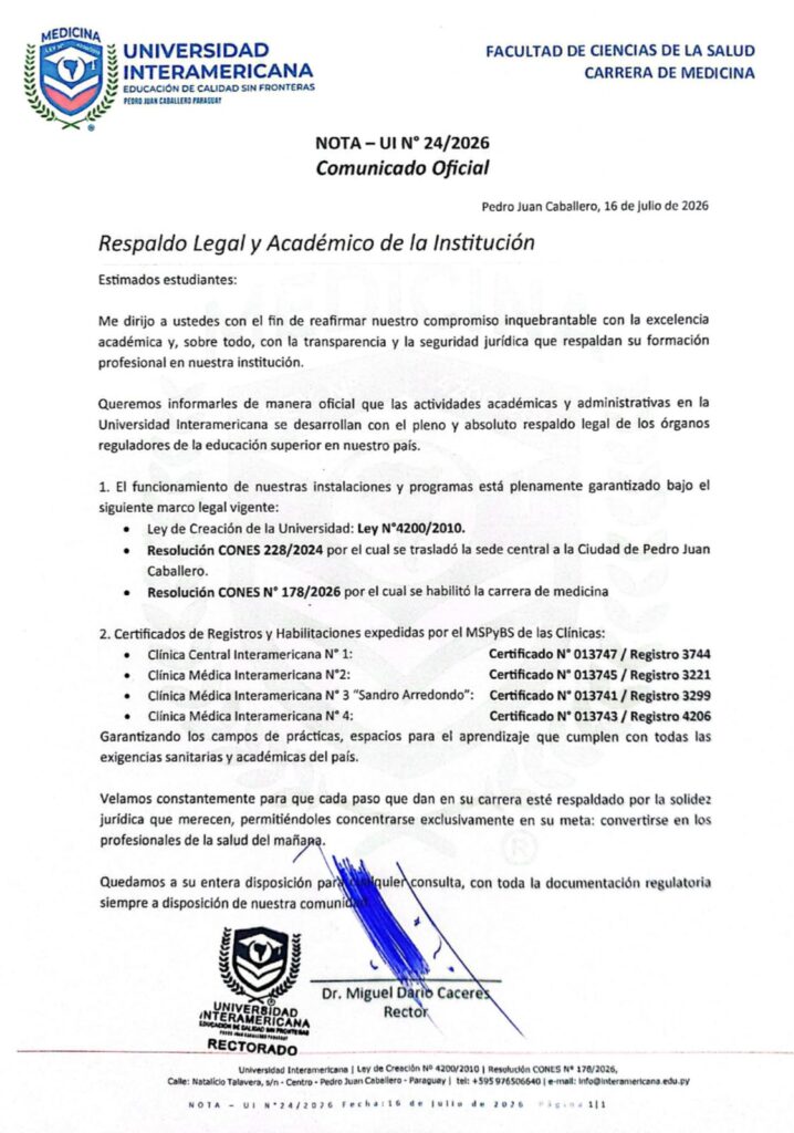 Comunicado Informativo | RD Informativos La Universidad Interamericana, sede Pedro Juan Caballero, reafirma mediante un comunicado oficial que desarrolla sus actividades académicas y administrativas con pleno respaldo legal
